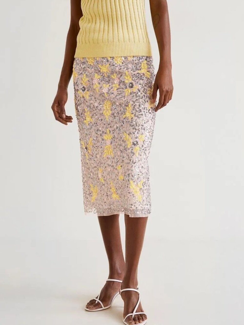 MNG Silver/Yellow Embellished Sequin Pencil Skirt Large